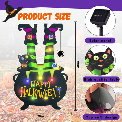 Halloween Lighted Garden Flag for Outside, Led Solar Yard Flag 8 Modes Witch Feet Shape Flag, 28x40 Double Sided Cauldron Eyeball Black Cat Decorations for Home Porch