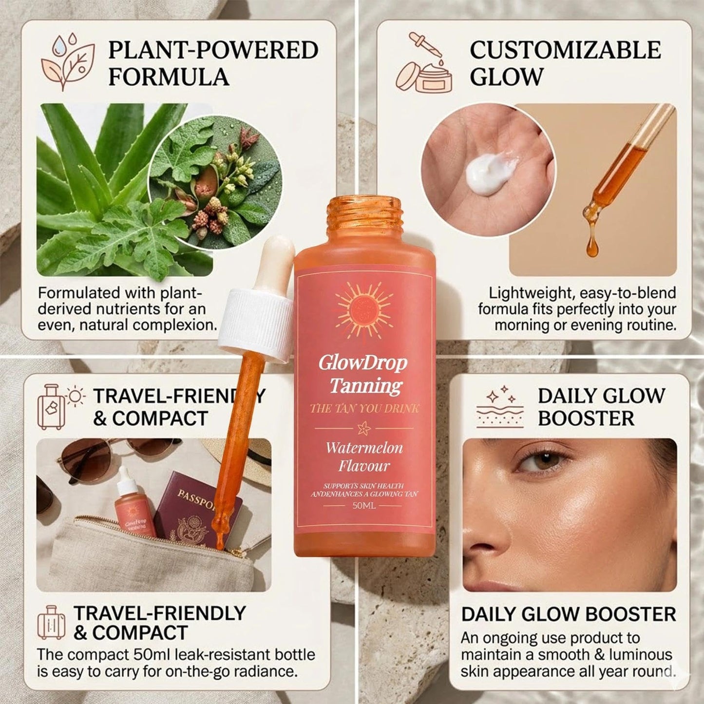 Tanning Drops, Glow Drop Tanning Drops, Enhances Your Natural Skin Tone, Natural Radiant Glow, Easy-to-Use for All Skin Types, 50ml(2pc)