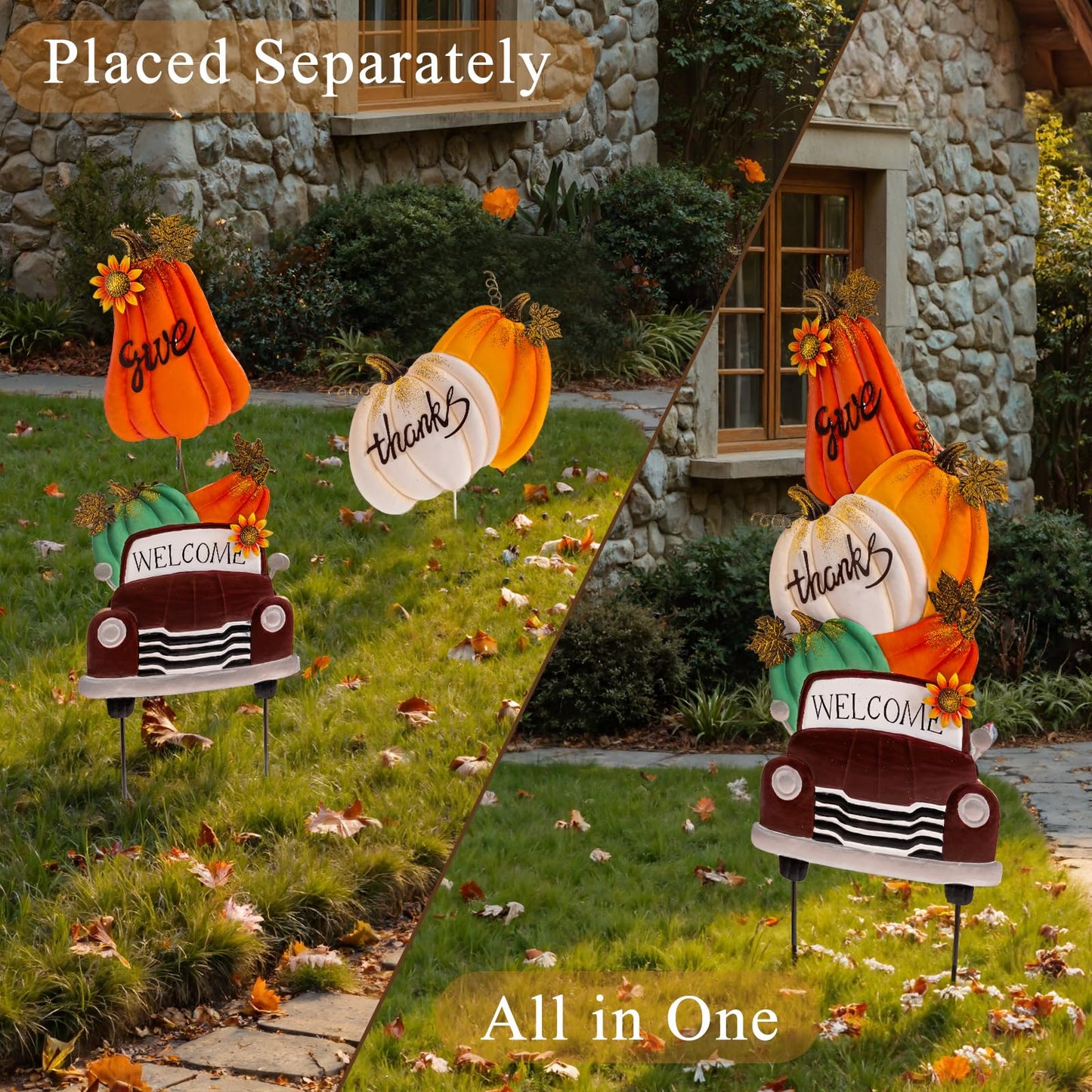 Lanpn Fall Garden Stakes Decorative, 3 Stacked Pumpkin Truck Waterproof Metal Yard Signs 2ft for Home Lawn Patio Porch Autumn Thanksgiving Harvest Season Outdoor Decor (Style 01, 11.4 x 29.9 inch)
