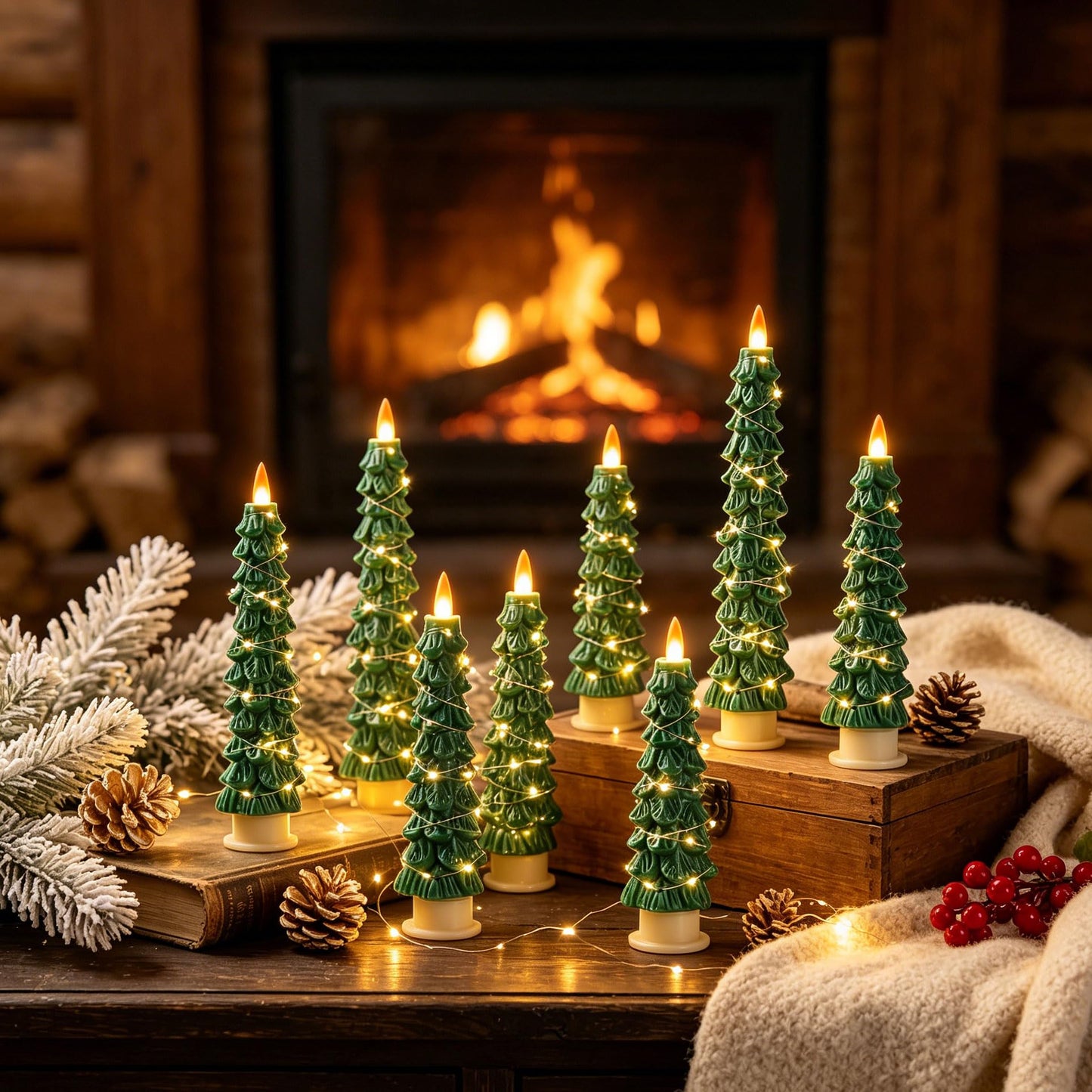 2 Pack White Christmas Tree LED Taper Candles, Flameless Flickering Candles with Copper String Lights, Upgraded Realistic Flame Effect, Battery Operated with Remote for Christmas Home Decoration
