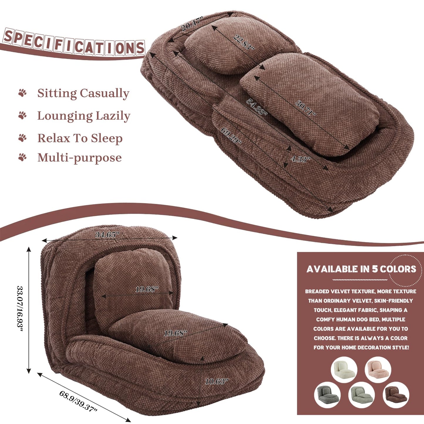 Upholstered Convertible Lounge Chair with 2 Soft Pillows