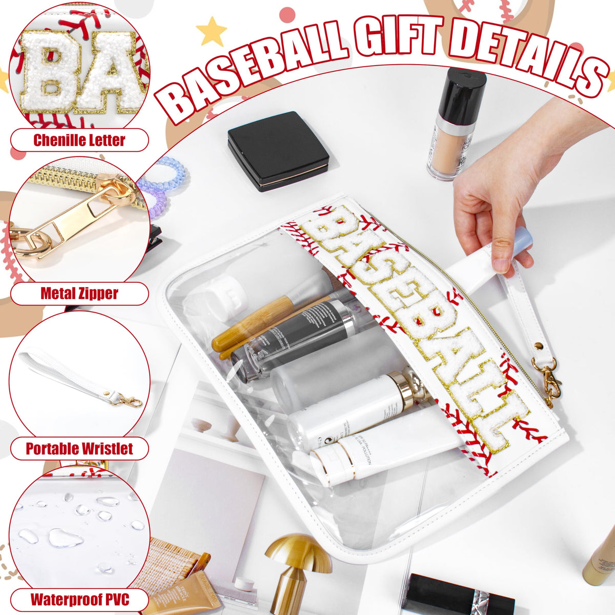BuyCard Soccer Gift Makeup Bag with Chenille Letter Patch, Clear Cosmetic Pouch PVC Organizer Purse, Waterproof Travel Bag, Portable Toiletry Storage Bag for Her Friends