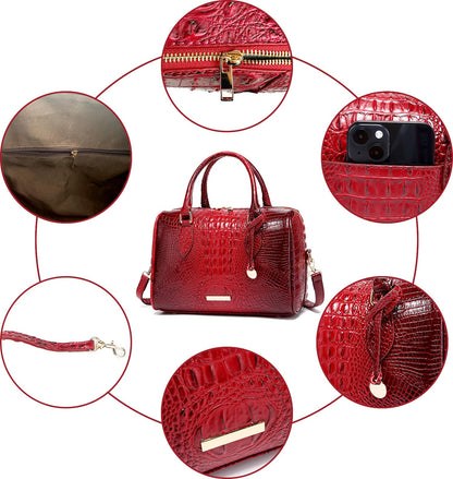 Makcr Joacbv Crocodile Handbag for Women Top Handle Leather Shoulder Purse | Glossy crocodile-embossed vegan leather with rolled handles, buckle details, a structured dome shape, and adjustable strap.