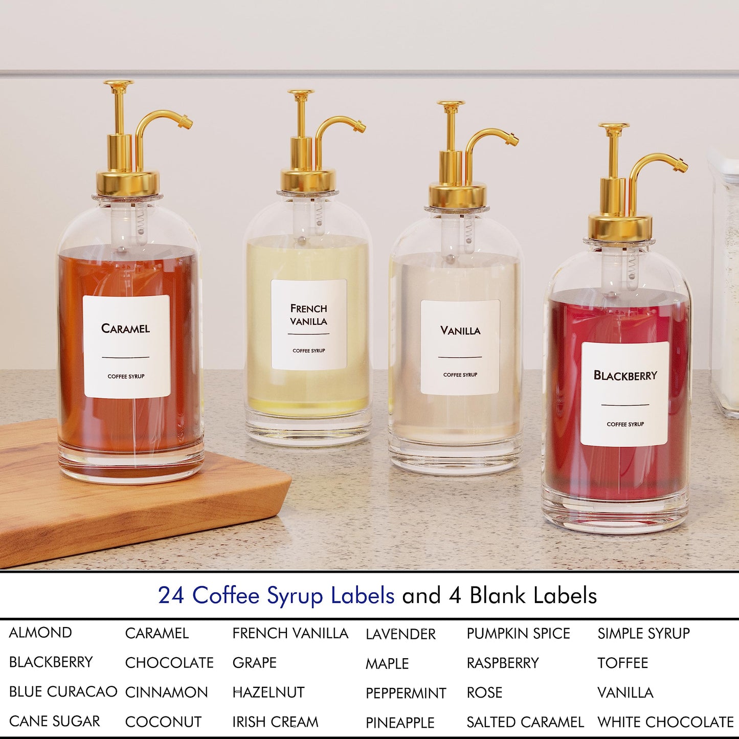 16.9 oz (500 ml) Coffee Syrup Dispenser Set- 4 Glass Bottles with Gold Pumper and Syrup Labels - Precise Dispensing and Stylish Addition to Coffee Shop, Cafe or Home Bar