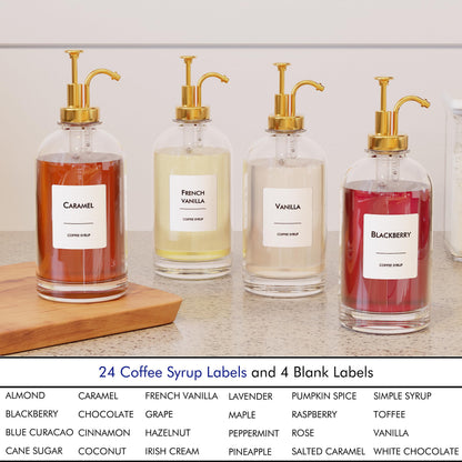 16.9 oz (500 ml) Coffee Syrup Dispenser Set- 4 Glass Bottles with Gold Pumper and Syrup Labels - Precise Dispensing and Stylish Addition to Coffee Shop, Cafe or Home Bar