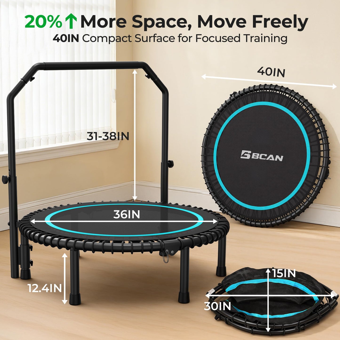 BCAN BT2 450/550LBS Mini Rebounder Trampoline for Adults with Bar, Fitness Trampoline with Bungees, Adjustable Handle, Stable & Quiet, Indoor Outdoor, Whole-Body Workout - 40IN/48IN | FED Fitness