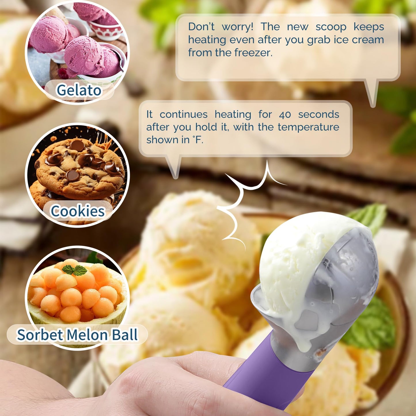 Heated Ice Cream Scoop Rechargeable, Electric Warming Ice Cream Scooper with LED Display, Heats to 158°F for Hard Ice Cream, Easy for Seniors & Kids, IP67 Waterproof (White, 2 oz)