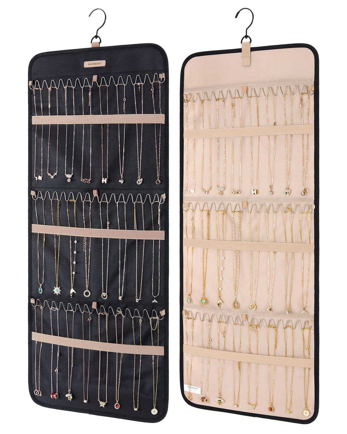 BAGSMART Hanging Jewelry Organizer Storage Roll with Hanger Metal Hooks Double-Sided Jewelry Holder for Earrings, Necklaces, Rings on Closet, Wall, Door, 1 piece, Medium, Pink