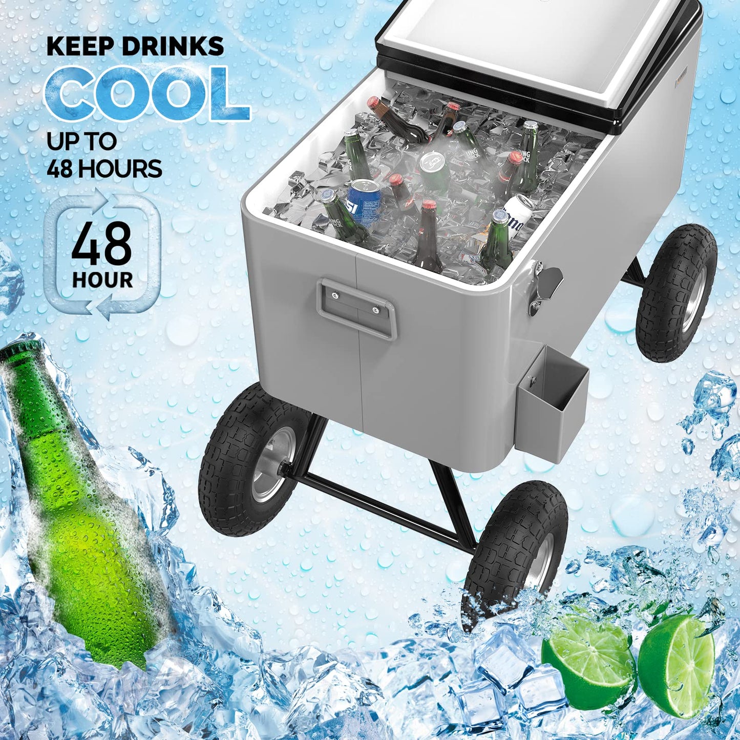 VINGLI 80 Quart Wagon Rolling Cooler Ice Chest, w/Long Handle and 10" Wheels, Portable Beach Patio Party Bar Cold Drink Beverage, Outdoor Park Cart on Wheels