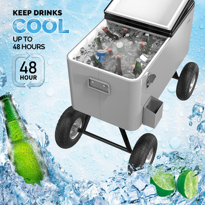 VINGLI 80 Quart Wagon Rolling Cooler Ice Chest, w/Long Handle and 10" Wheels, Portable Beach Patio Party Bar Cold Drink Beverage, Outdoor Park Cart on Wheels