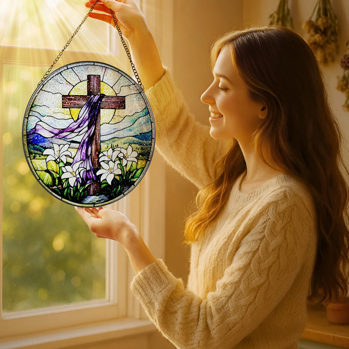 8-Inch Jesus with Cardinals Suncatcher Ornament, Stained Glass Window Hanging & Religious Christmas Ornament, Christian Window Decor — Memorial Gift, Christian Gifts for Her, Religious Gifts