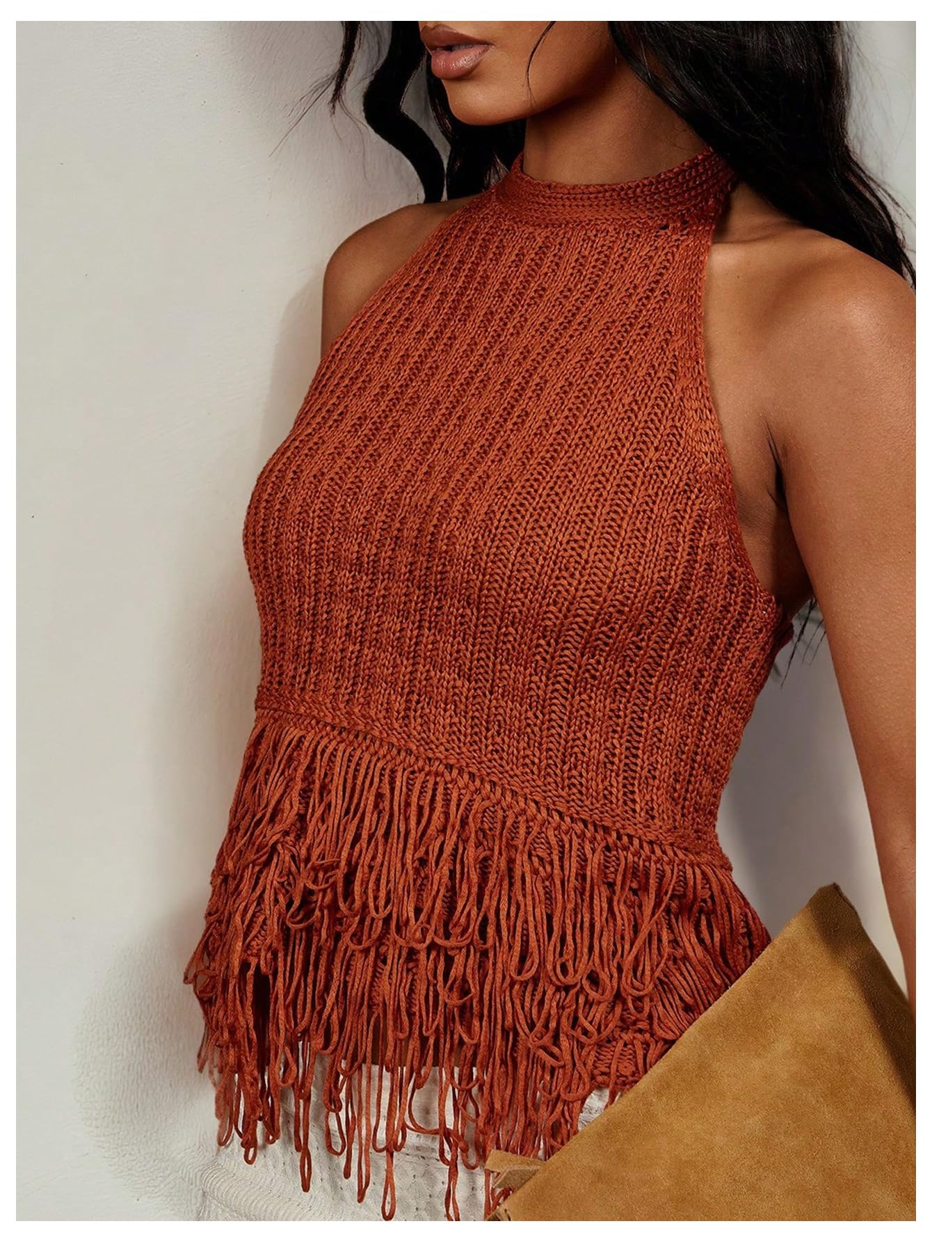 SweatyRocks Women's Boho Fringe Halter Tops Sleeveless Open Back Summer Knit Crochet Tank Top