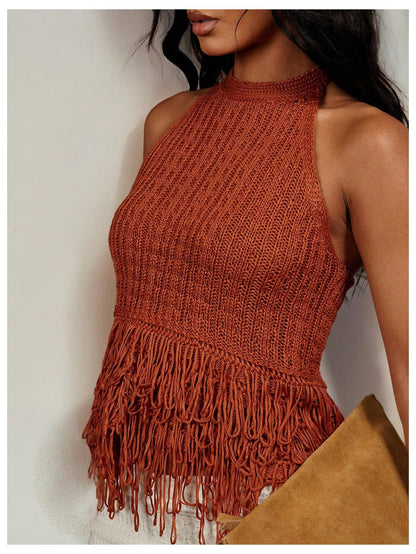 SweatyRocks Women's Boho Fringe Halter Tops Sleeveless Open Back Summer Knit Crochet Tank Top
