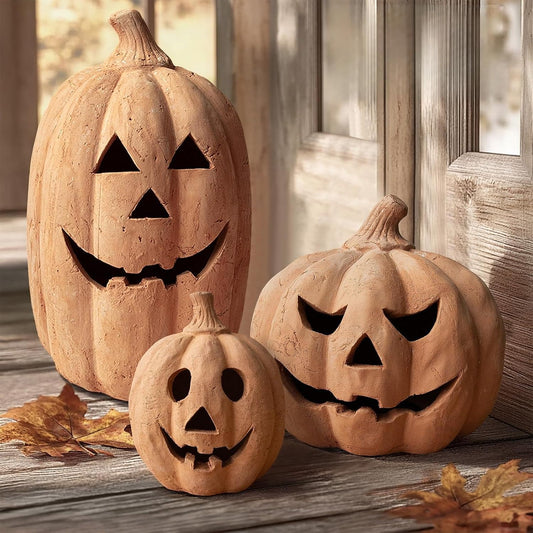 Fall Decor - Halloween Decorations - 7.5"H Handmade Terracotta Pumpkin Jack O' Lantern Outdoor Indoor - Cute Halloween Autumn Farmhouse Table Festival Decoration for Home Porch Front Door Mantel Room