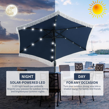 GDY 7.5ft Tassel Patio Umbrella and Matching Base, Outdoor Table Umbrella with 18 LED Lights,Market Umbrella with 6 Sturdy Ribs, with Push Button Tilt and Crank, Bright White