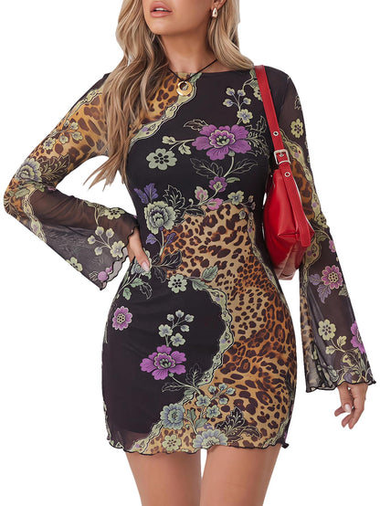 Milumia Women's Leopard Mini Dress Y2k Bell Long Sleeve Going Out Dresses