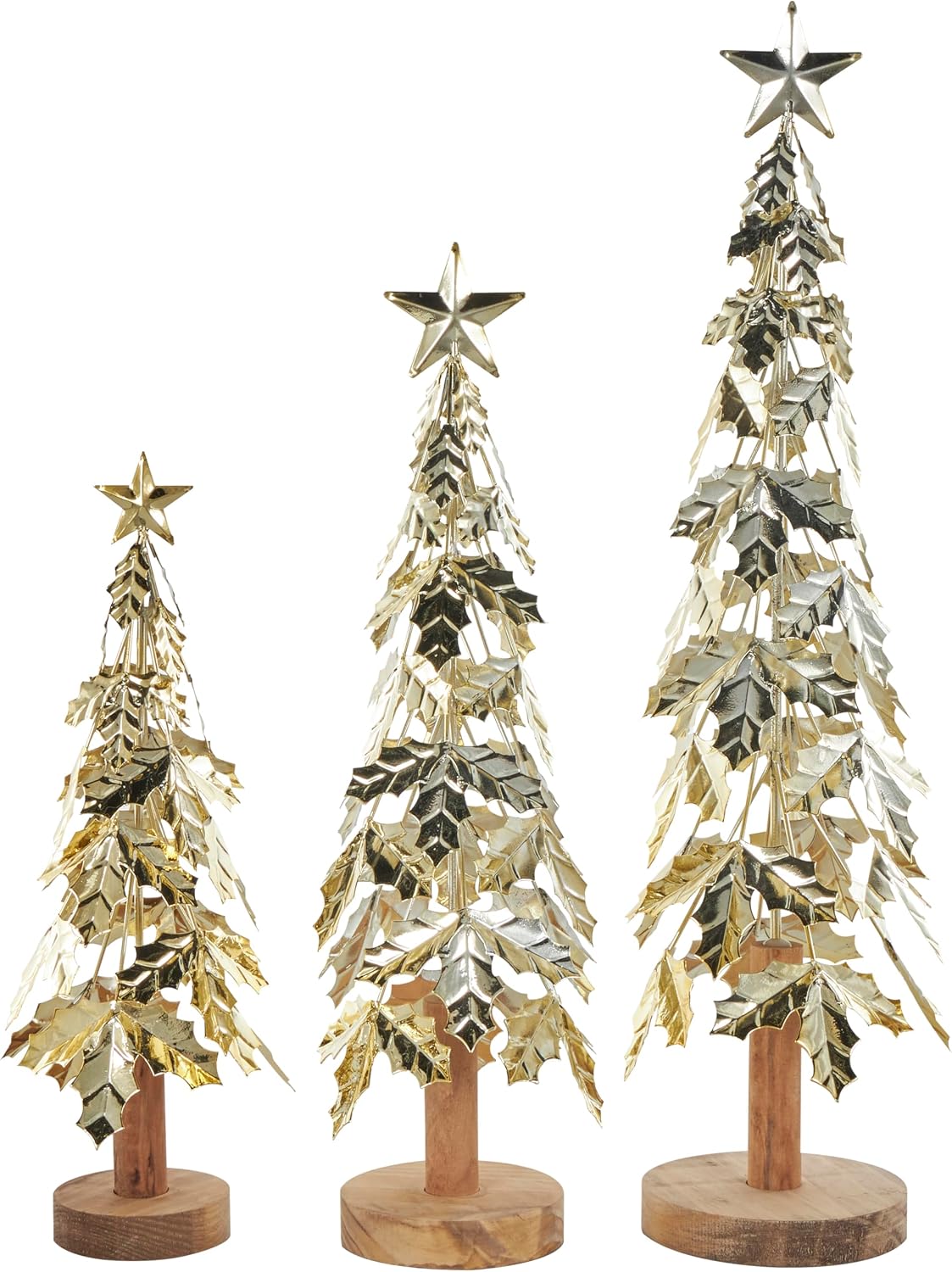 Deco 79 Metal Tree Decorative Sculpture Holiday Layered Holly Leaf Christmas Home Decor Statues with Wooden Base and Star Topper, Set of 3 Accent Figurines 22", 18", 14"H, Gold