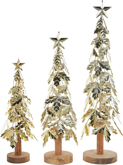 Deco 79 Metal Tree Decorative Sculpture Holiday Layered Holly Leaf Christmas Home Decor Statues with Wooden Base and Star Topper, Set of 3 Accent Figurines 22", 18", 14"H, Gold
