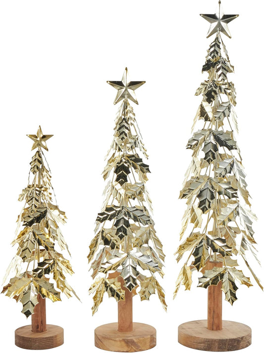 Deco 79 Metal Tree Decorative Sculpture Holiday Layered Holly Leaf Christmas Home Decor Statues with Wooden Base and Star Topper, Set of 3 Accent Figurines 22", 18", 14"H, Gold