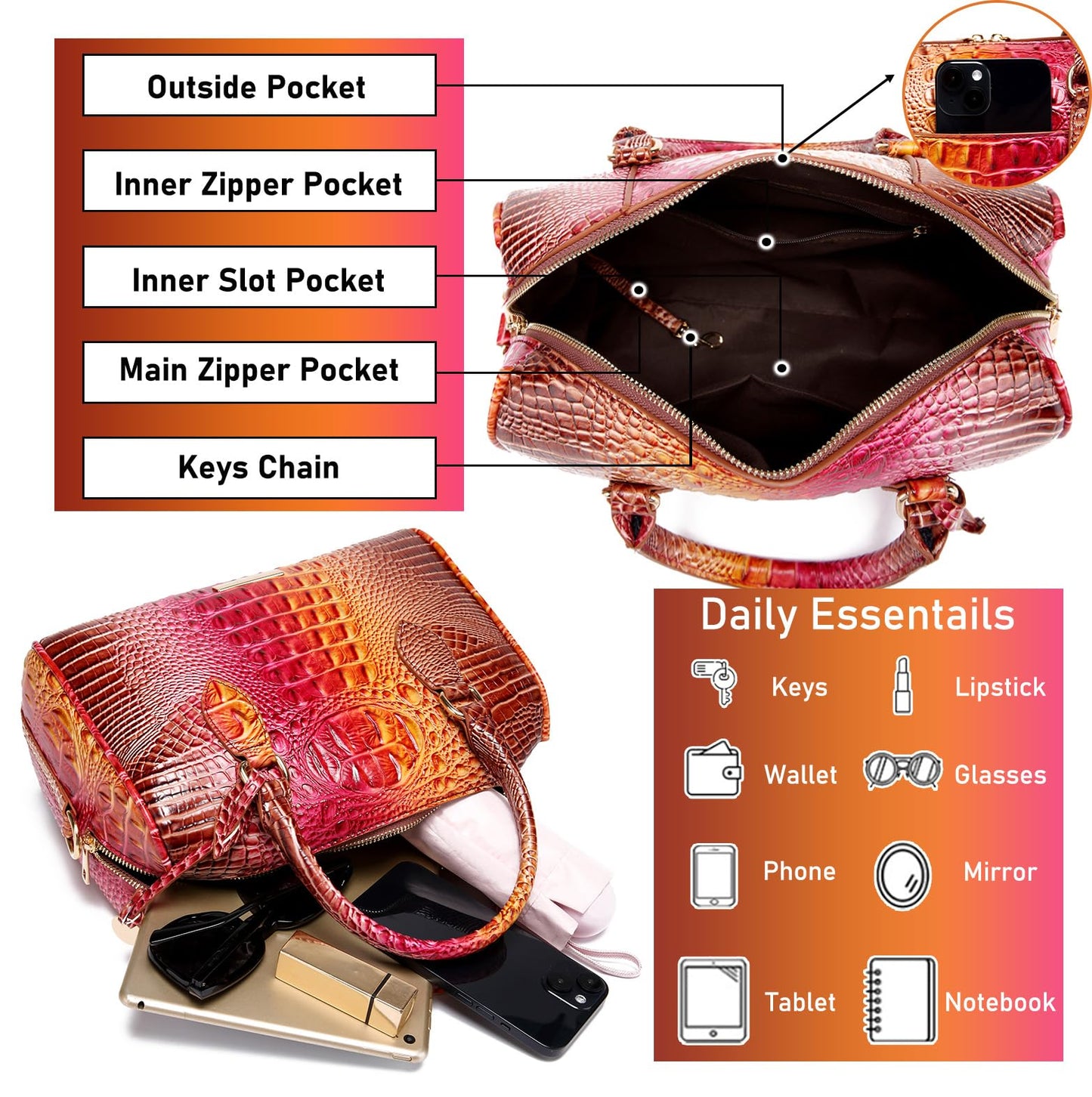 Makcr Joacbv Crocodile Handbag for Women Top Handle Leather Shoulder Purse | Glossy crocodile-embossed vegan leather with rolled handles, buckle details, a structured dome shape, and adjustable strap.