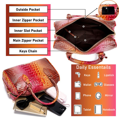 Makcr Joacbv Crocodile Handbag for Women Top Handle Leather Shoulder Purse | Glossy crocodile-embossed vegan leather with rolled handles, buckle details, a structured dome shape, and adjustable strap.