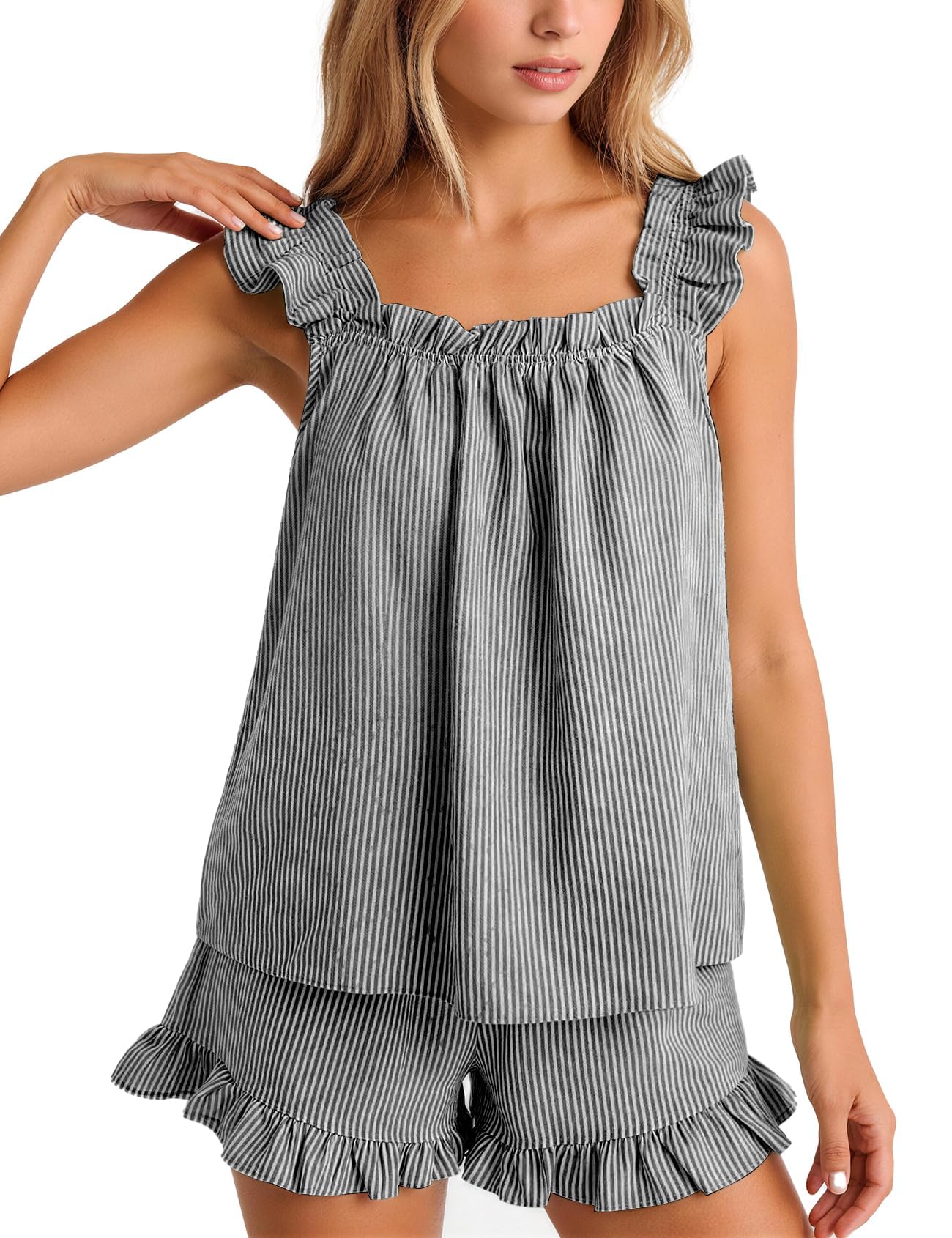 Flygo Striped Pajamas Set for Women Cotton 2 Piece Lounge Sets Ruffle Cami Top and Shorts Cute Summer Pj Sleepwear