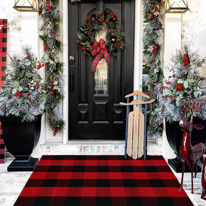 Christmas Door Mat Outdoor 35.4''x59'' Buffalo Plaid Christmas Decor Rug Cotton Hand-Woven Layered Door Mats Washable Carpet for Front Porch, Kitchen, Farmhouse, Entryway