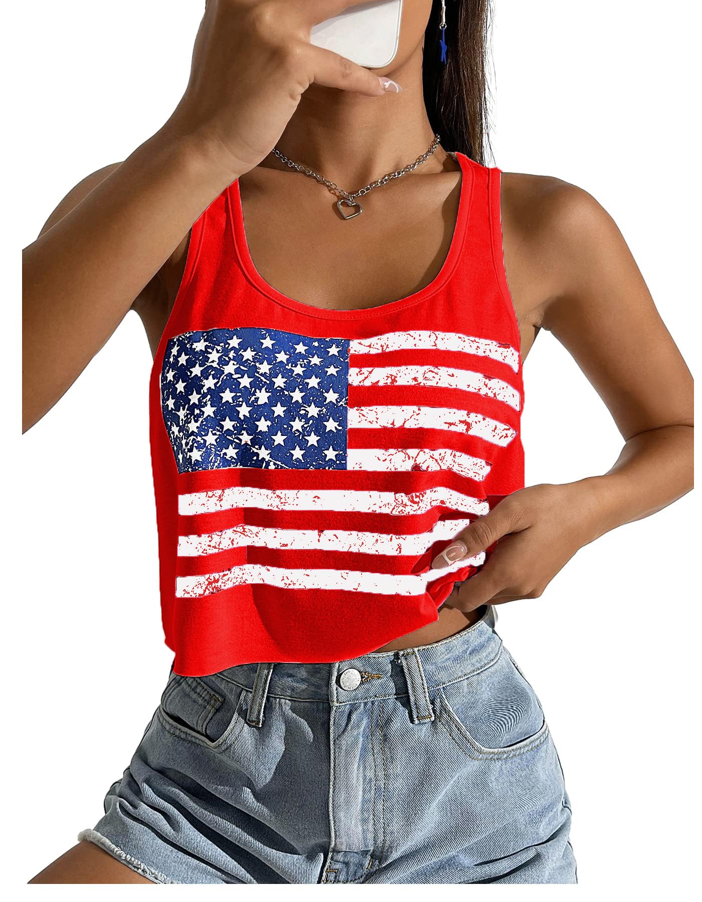 4th of July Crop Tops for Women Funny American Flag Shirts Tank Tops Outfits