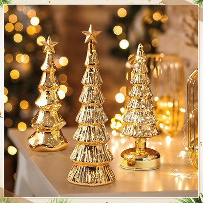 Funnymoom 3 Pack Glass Christmas Trees Decor Lighted Christmas Tree Tabletop Glitter Centerpiece Decoration Glass Xmas Tree Figurines Holiday Ornament for Table Mantle Fireplace(Gold,Classic)