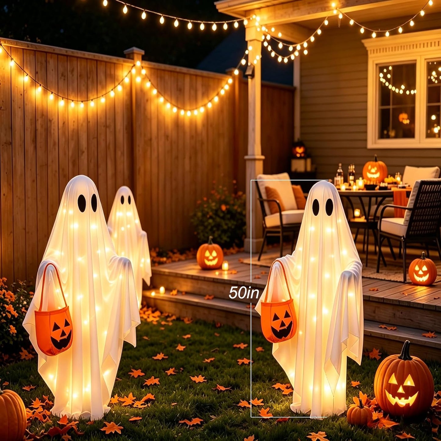 Solar Ghost Halloween Lights 2Pack Hanging Stake Yard Decor | Solar glowing ghost decor, rainproof, dual mount. Perfect lawn porch decor for Halloween fans.