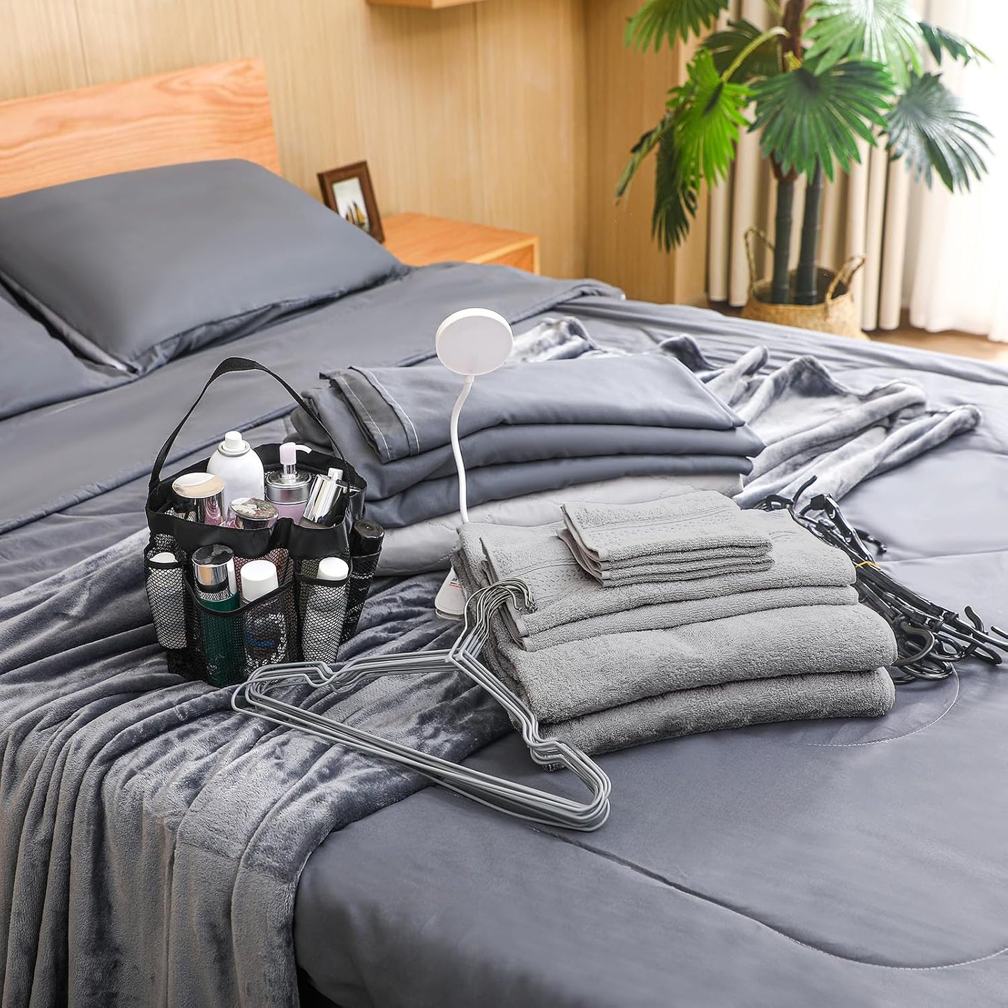 42 Pcs College Dorm Essentials Set Twin XL Bedding Bundle Bedding Bathroom and Storage Supplies Totally Complete for Guys College Dorm School, Gray