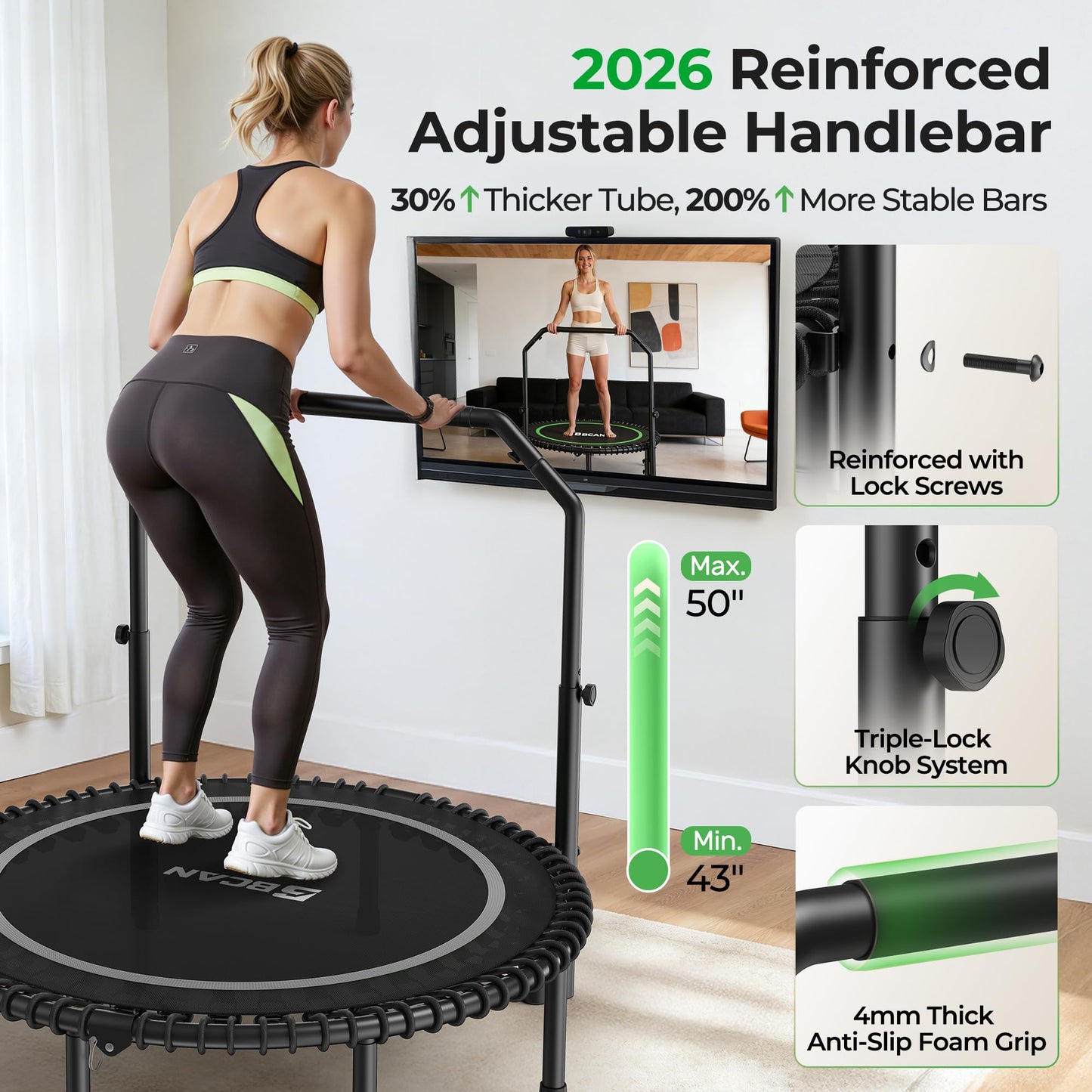 BCAN BT2 450/550LBS Mini Rebounder Trampoline for Adults with Bar, Fitness Trampoline with Bungees, Adjustable Handle, Stable & Quiet, Indoor Outdoor, Whole-Body Workout - 40IN/48IN | FED Fitness