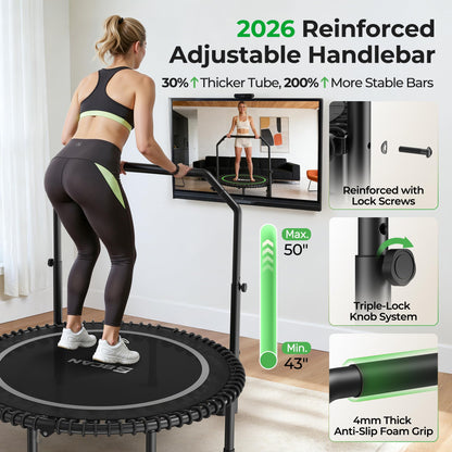 BCAN BT2 450/550LBS Mini Rebounder Trampoline for Adults with Bar, Fitness Trampoline with Bungees, Adjustable Handle, Stable & Quiet, Indoor Outdoor, Whole-Body Workout - 40IN/48IN | FED Fitness