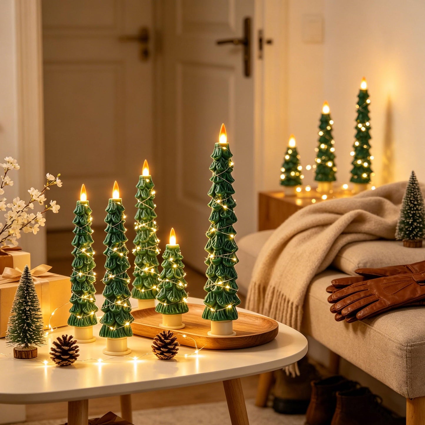 2 Pack White Christmas Tree LED Taper Candles, Flameless Flickering Candles with Copper String Lights, Upgraded Realistic Flame Effect, Battery Operated with Remote for Christmas Home Decoration