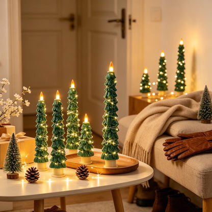 2 Pack White Christmas Tree LED Taper Candles, Flameless Flickering Candles with Copper String Lights, Upgraded Realistic Flame Effect, Battery Operated with Remote for Christmas Home Decoration