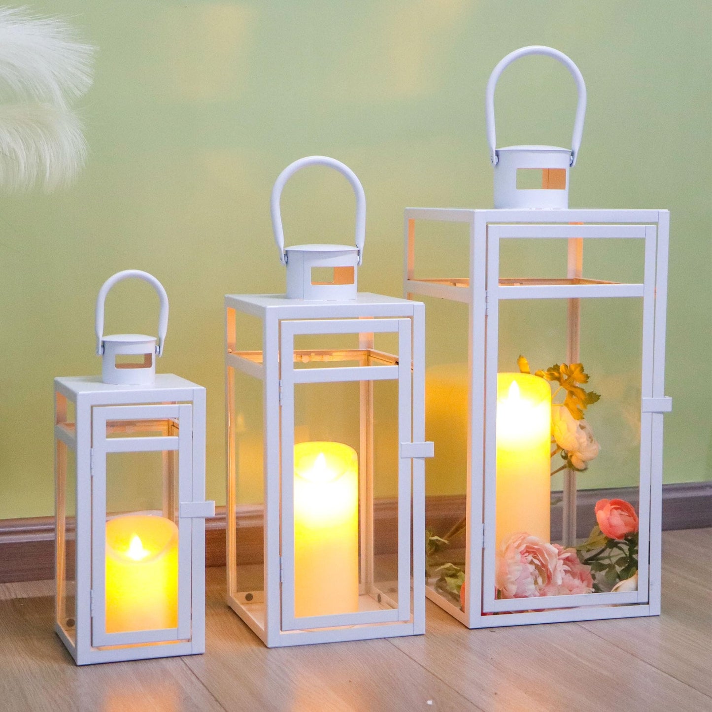 TRIROCKS Set of 3 Stainless Steel Candle Lantern 19/15/12'' High Metal Candle Holder with Tempered Glass Panels Perfect for Home Decor Living Room Parties Events Tabletop Indoors Outdoors (Rose Gold)