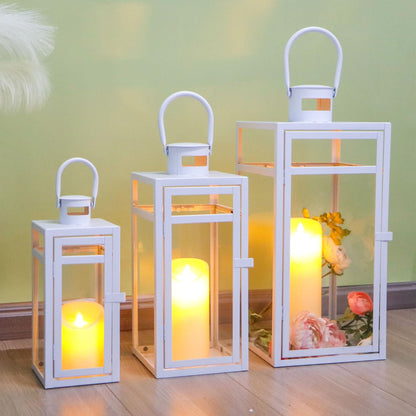 TRIROCKS Set of 3 Stainless Steel Candle Lantern 19/15/12'' High Metal Candle Holder with Tempered Glass Panels Perfect for Home Decor Living Room Parties Events Tabletop Indoors Outdoors (Rose Gold)
