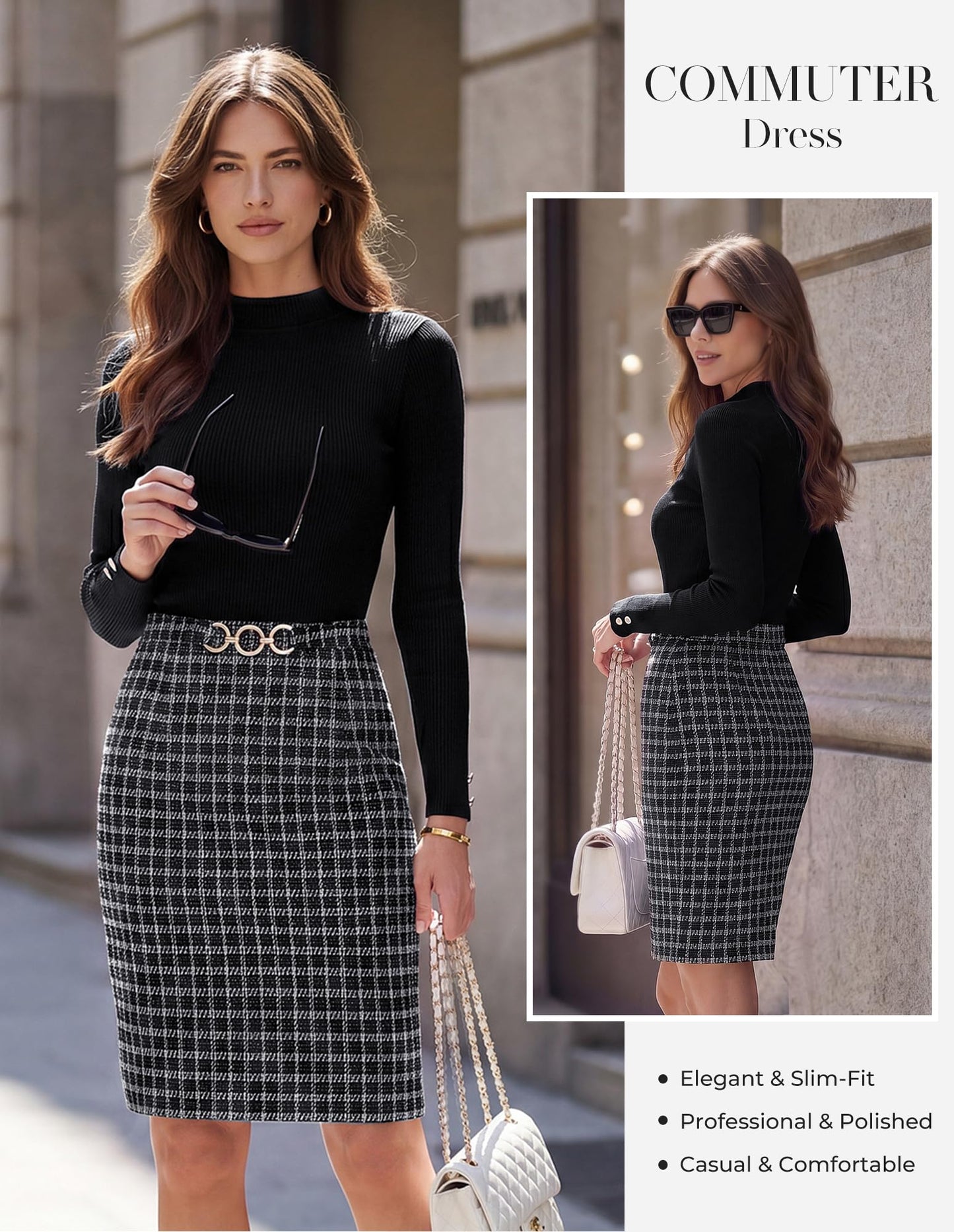 GRACE KARIN Women Long Sleeve Work Business Pencil Tweed Dress