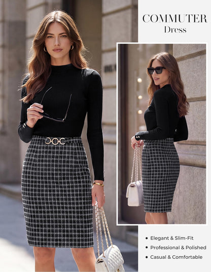 GRACE KARIN Women Long Sleeve Work Business Pencil Tweed Dress