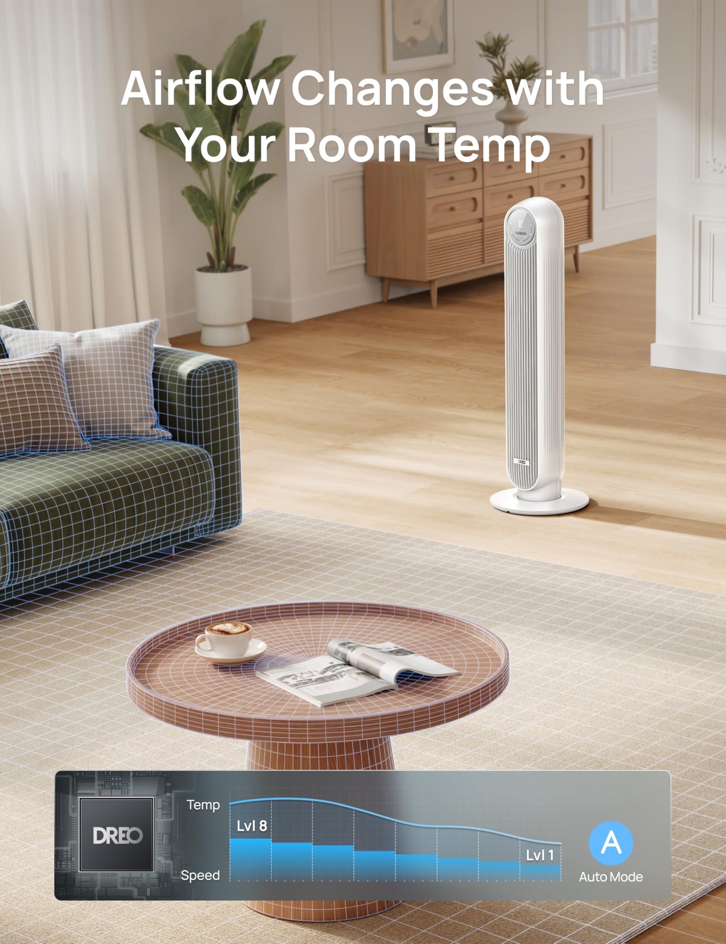 DREO Tower Fan for Bedroom, 2026 Upgraded DC Motor, 28ft/s High Velocity, 20dB Ultra Quiet Standing Fan, 8 Speeds 4 Modes, 90° Oscillating Bladeless Fan for Indoors, Floor Fans with Remote, Black