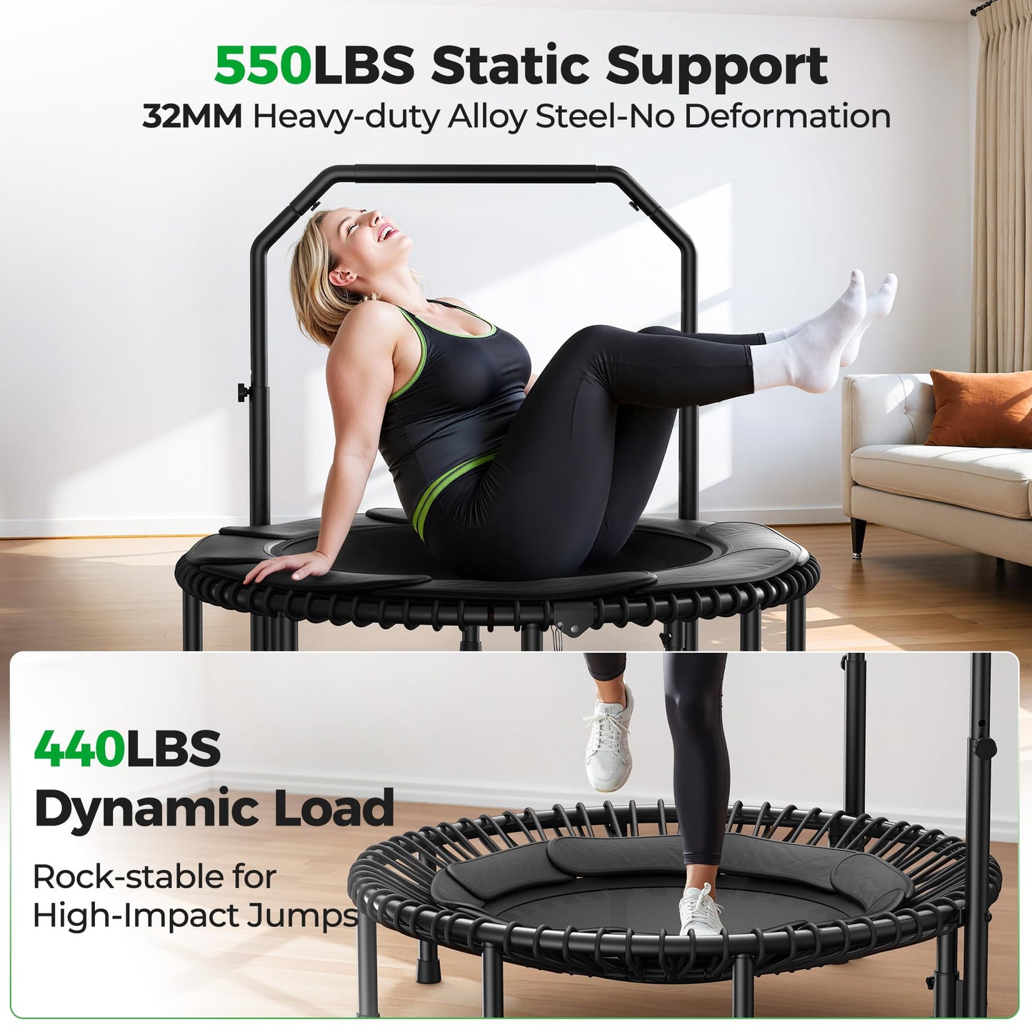 BCAN BT2 450/550LBS Mini Rebounder Trampoline for Adults with Bar, Fitness Trampoline with Bungees, Adjustable Handle, Stable & Quiet, Indoor Outdoor, Whole-Body Workout - 40IN/48IN | FED Fitness
