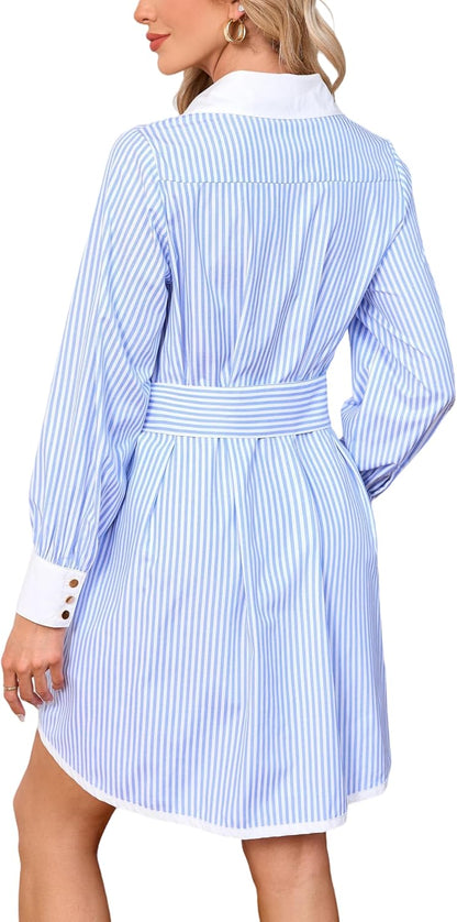 Womens Striped Long Sleeve Button Down Mini Shirt Dress V Neck Belted Dress