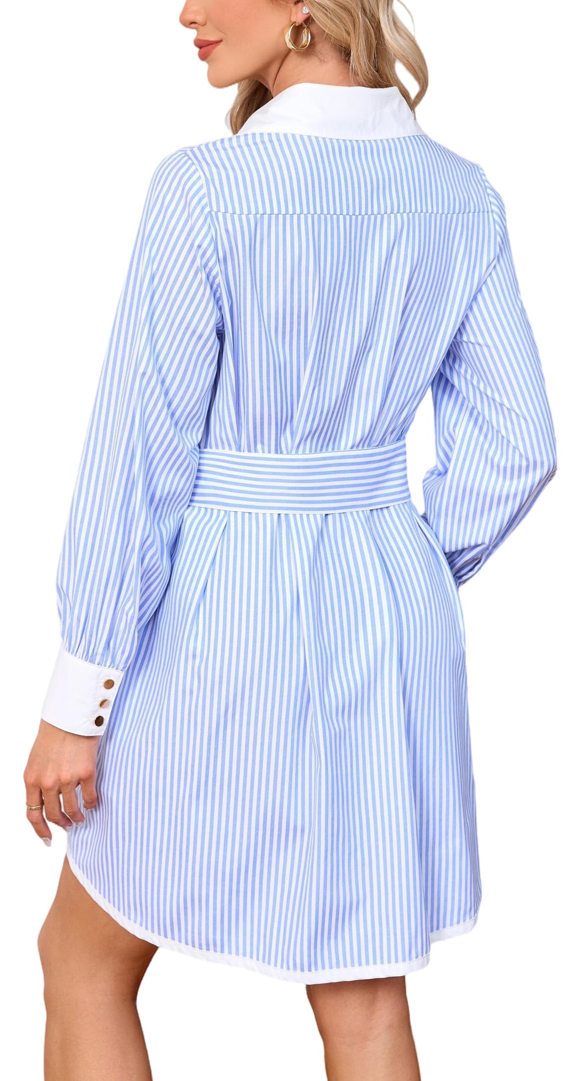 Womens Striped Long Sleeve Button Down Mini Shirt Dress V Neck Belted Dress