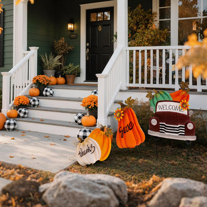 Lanpn Fall Garden Stakes Decorative, 3 Stacked Pumpkin Truck Waterproof Metal Yard Signs 2ft for Home Lawn Patio Porch Autumn Thanksgiving Harvest Season Outdoor Decor (Style 01, 11.4 x 29.9 inch)