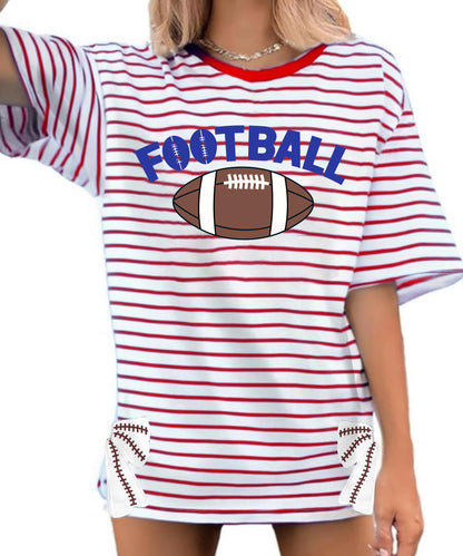 Football Shirts for Women Oversize Game Day T-Shirts Bow Side Split T-Shirt | Football Season Graphic Tee Tops Oversize Football Graphic Short Sleeve Tee Top