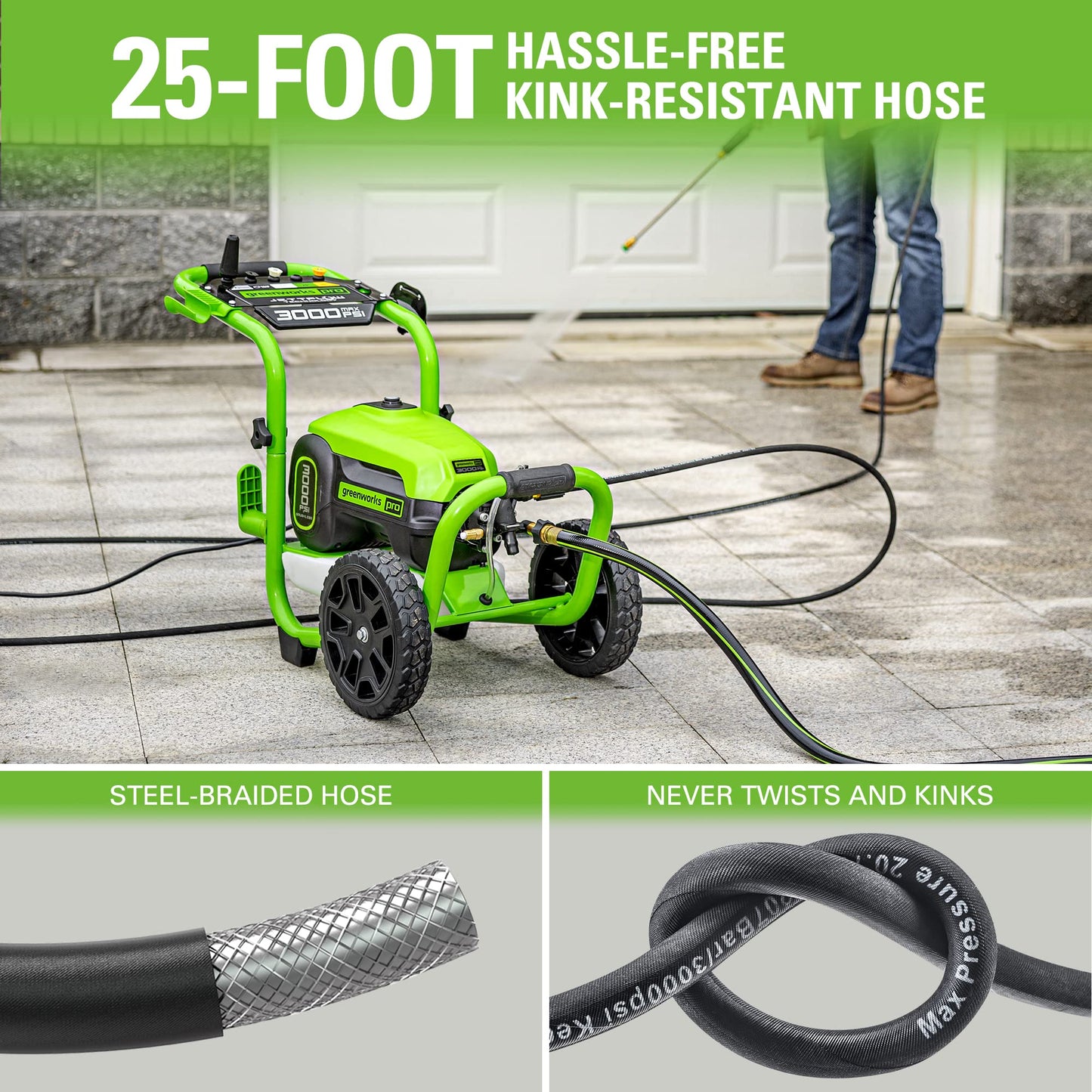 Greenworks 3000 PSI (2.0 GPM Max) Brushless Electric Pressure Washer (15°, 25°, 40°, Turbo and Soap Nozzle) for Use On Decks, Fences, Driveways, Sidewalks, Siding & More. Heavy-Duty