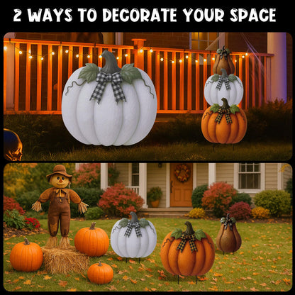 3 Pcs Fall Metal Stacked Pumpkin Garden Stakes Outdoor 3D Retro Pumpkin Decoration Fall Yard Stakes Lawn Signs Decorative for Autumn Harvest Holiday Pathway Patio Decor
