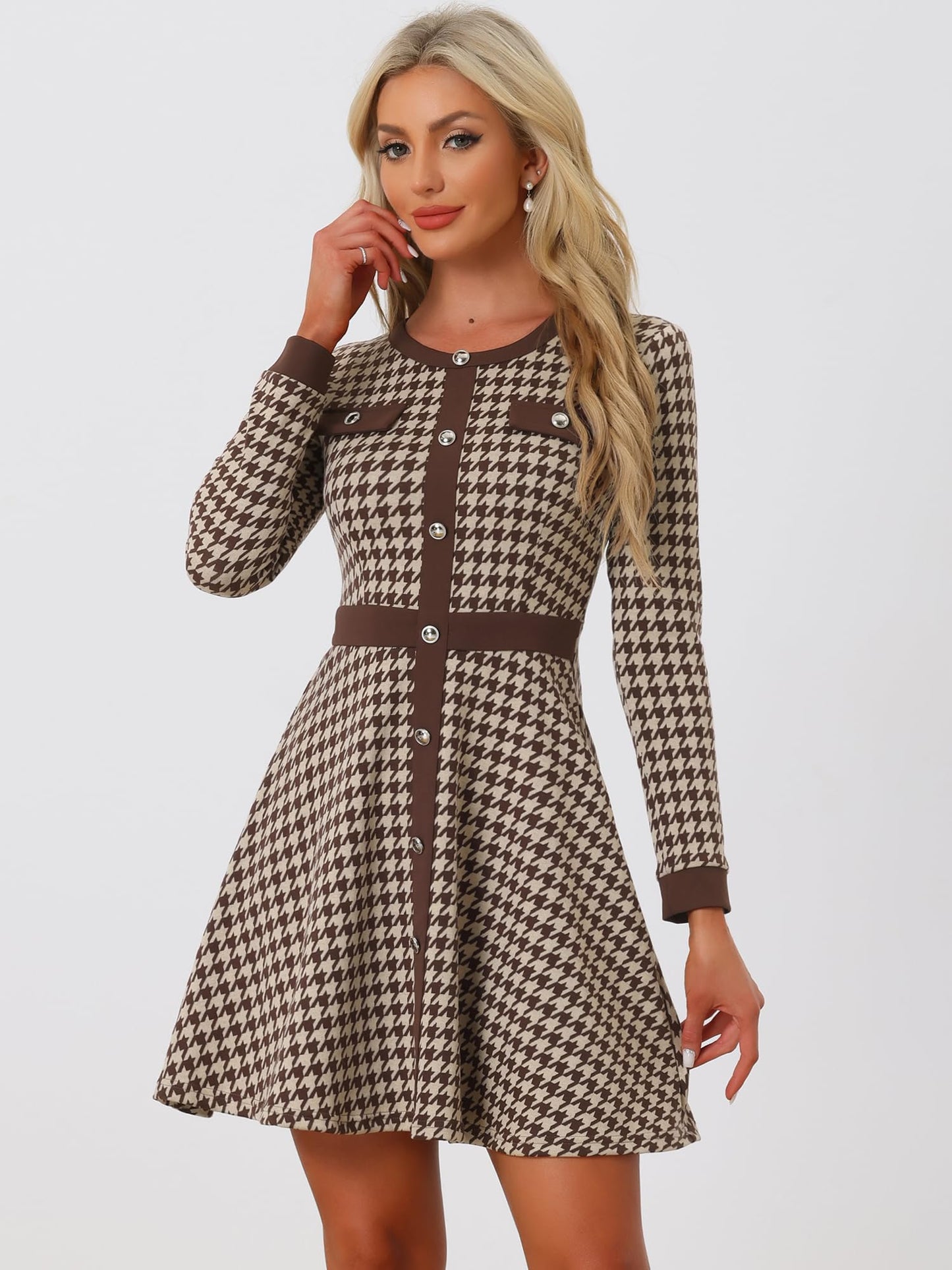 Allegra K Women's Houndstooth Plaid A-Line Elegant Business Work Dress
