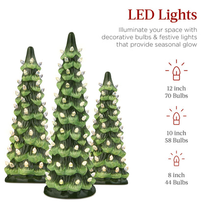 Best Choice Products Set of 3 Ceramic Christmas Trees, Pre-Lit Hand-Painted Tabletop Holiday Decoration w/Multicolor Bulbs, LED Lights – Green