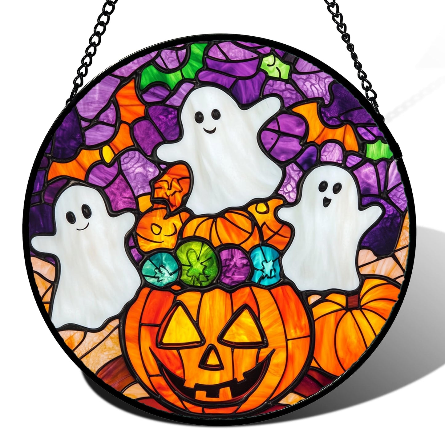 Stained Glass Window Hanging, Halloween Decorations Evil Pumpkin Suncatcher for Doors Garden Indoor Spooky Funny Orange Sun Catchers Gothic Decor Horror Gifts for Women Men Friend 15 in